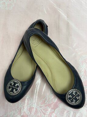 Tory Burch-Women-46084-Navy Leather Ballet Flat Shoes.Sz-7.5M.China.Used.
